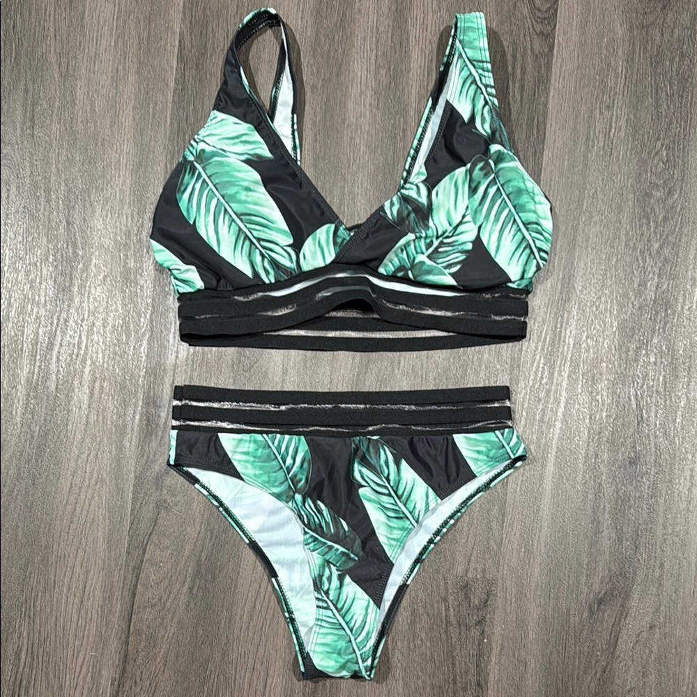 Leaf Print Bikini Set - Green and Black